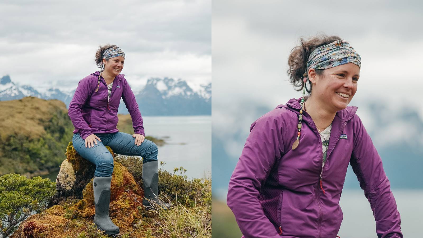 Une glaciologue dans un cadre d'interview, qui témoigne sur les glaciers de Patagonie pour le projet Captain Darwin